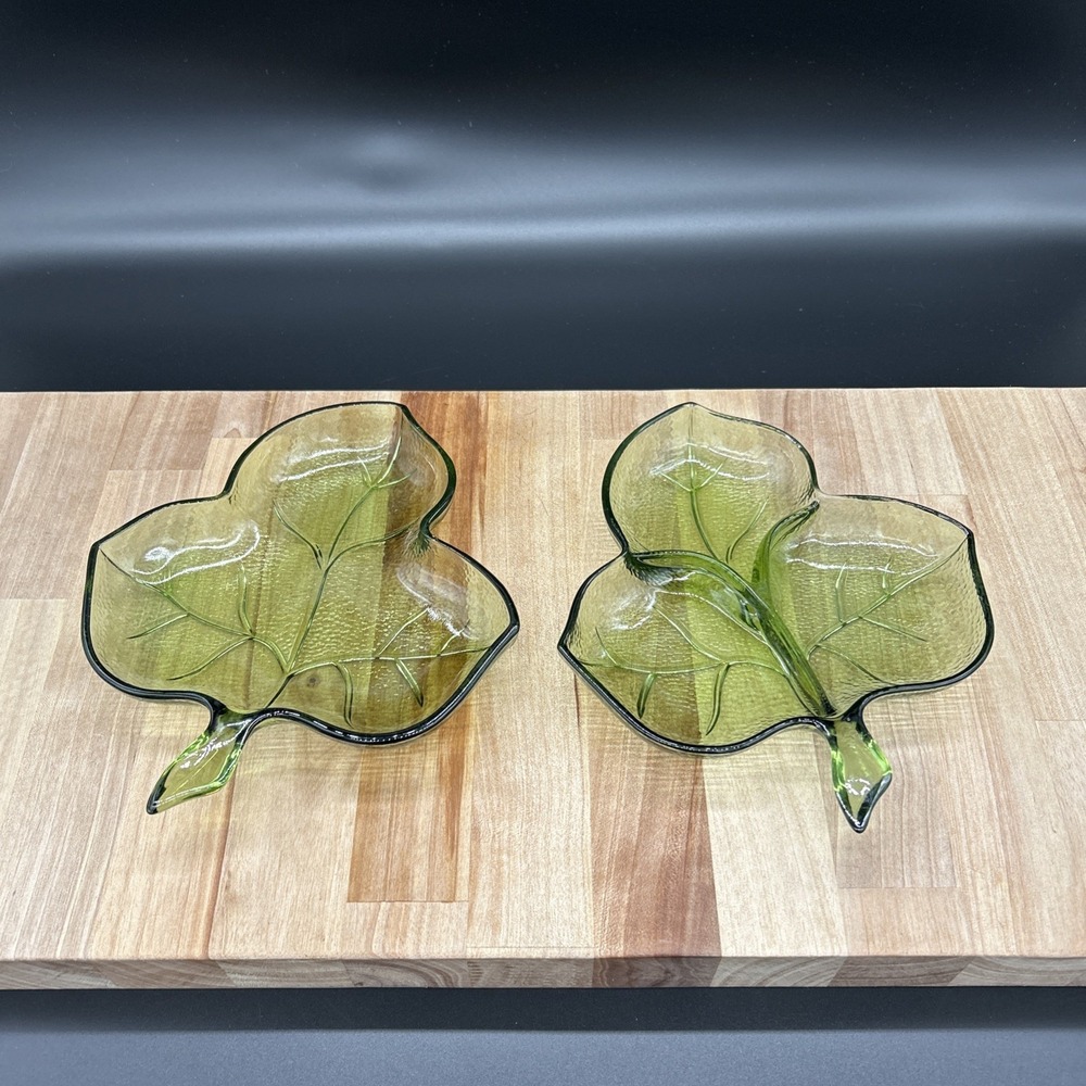 Set of 2 Hazel Atlas Avocado Green Leaf Dishes One W/ 3 Partitions One Open